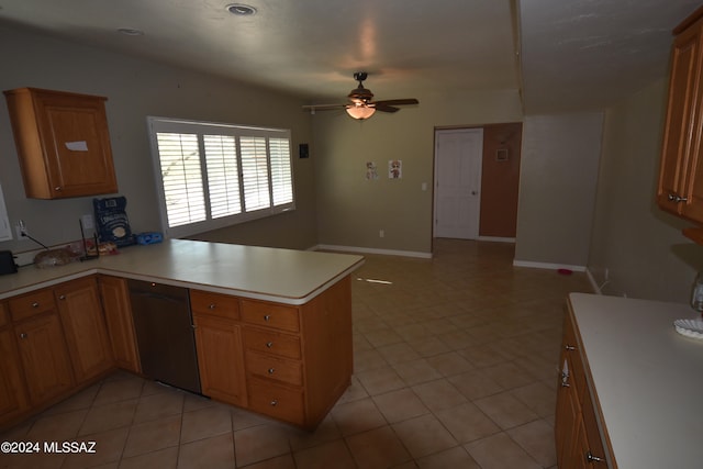 kitchen featuring light tile patterned flooring, kitchen peninsula, ceiling fan, and dishwasher