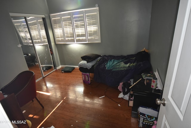 bedroom with wood-type flooring and a closet