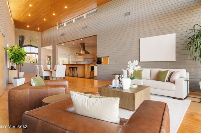 living room featuring a towering ceiling and light hardwood / wood-style floors