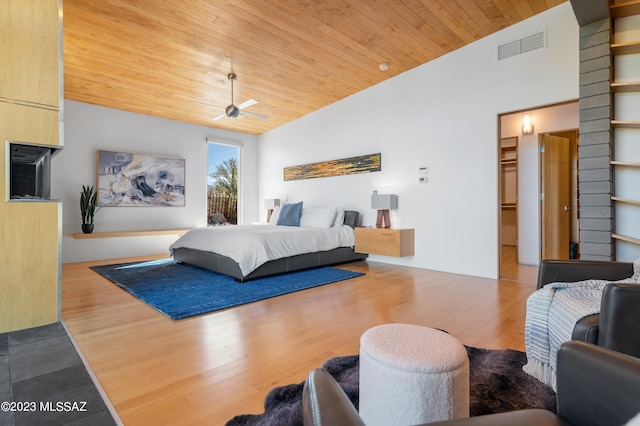 bedroom featuring ceiling fan, lofted ceiling, hardwood / wood-style floors, and wood ceiling