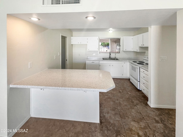 kitchen with light stone counters, white cabinets, sink, dishwashing machine, and white range with electric stovetop