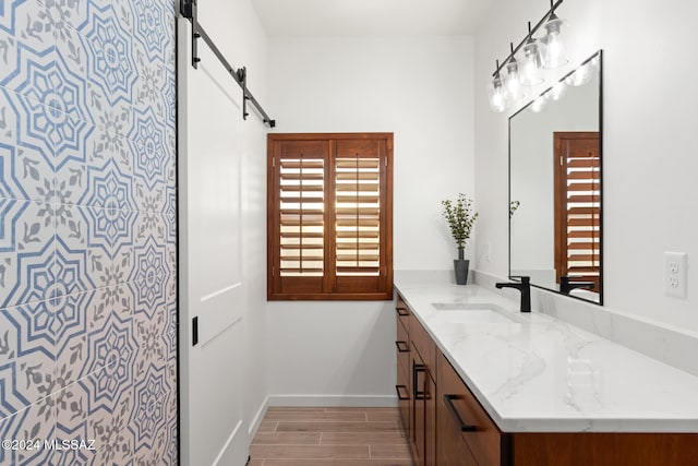 bathroom with hardwood / wood-style flooring and vanity