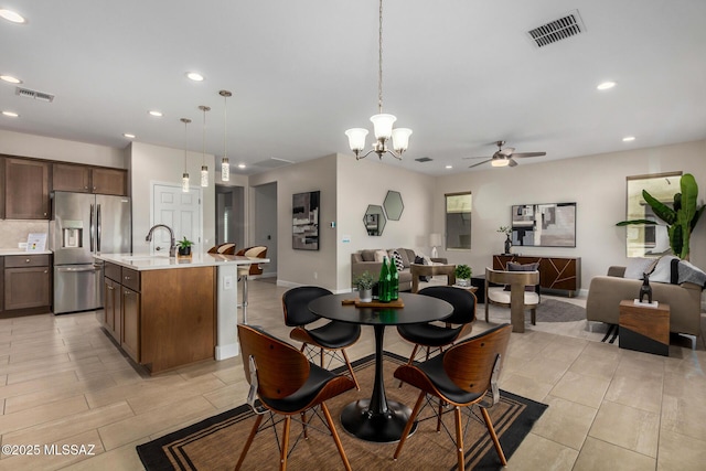 dining area with visible vents, a ceiling fan, and recessed lighting