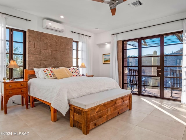 tiled bedroom with a wall unit AC, multiple windows, and ceiling fan