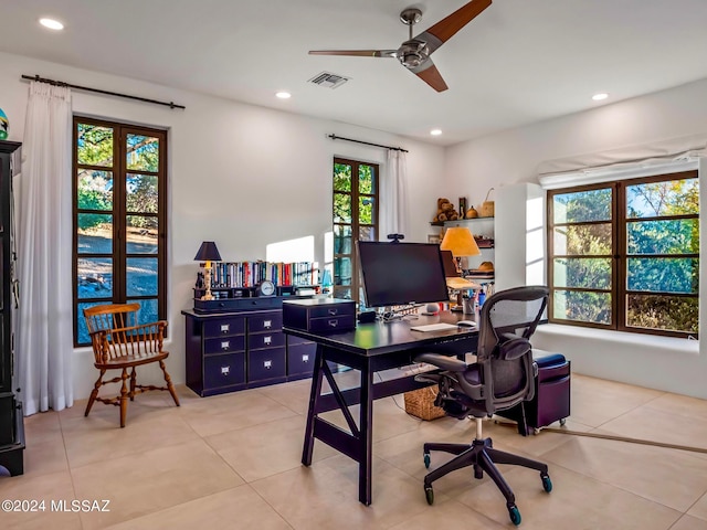 office area with a ceiling fan, recessed lighting, and light tile patterned floors