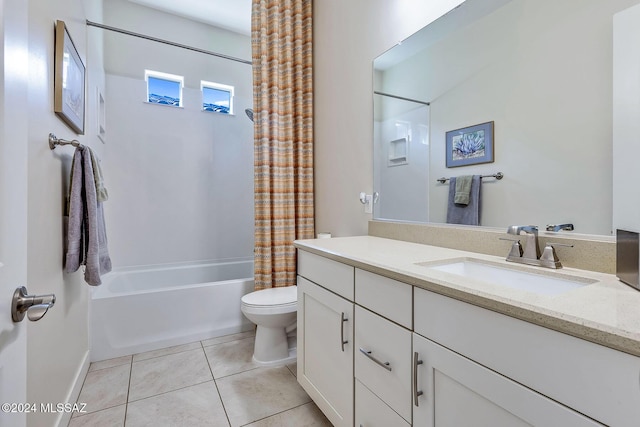 full bathroom with tile patterned flooring, vanity, toilet, and shower / bathtub combination with curtain