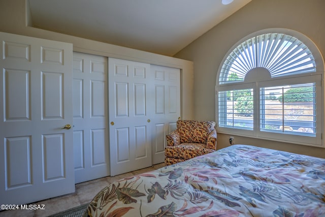 bedroom with lofted ceiling and a closet