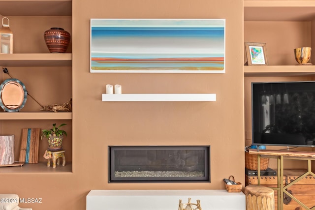 living area with built in shelves