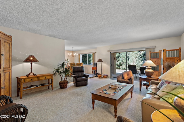 living room featuring a textured ceiling, light carpet, and a chandelier