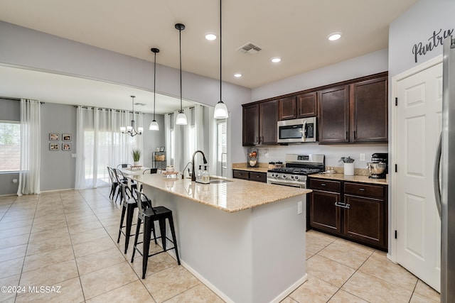 kitchen with sink, stainless steel appliances, decorative light fixtures, a breakfast bar, and a center island with sink