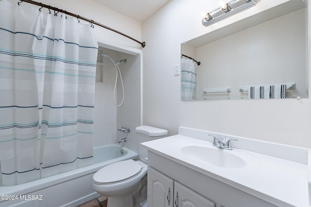 full bathroom with shower / bath combination with curtain, vanity, and toilet