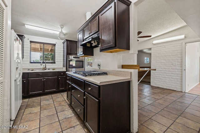 kitchen featuring dark brown cabinetry, stainless steel appliances, ceiling fan, and under cabinet range hood