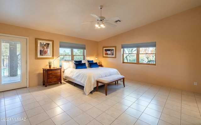 bedroom featuring ceiling fan, light tile patterned flooring, access to exterior, and vaulted ceiling