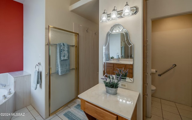 full bathroom featuring tile patterned flooring, vanity, toilet, and shower with separate bathtub