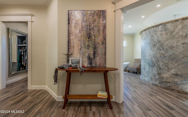 15251 N Dove Canyon Pass, Marana, AZ 85658 - hall featuring wood finished floors, ornamental molding, recessed lighting, and baseboards
