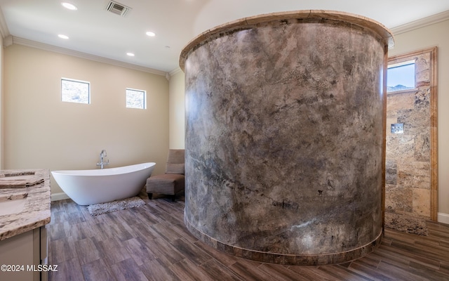 15251 N Dove Canyon Pass, Marana, AZ 85658 - full bath featuring ornamental molding, a soaking tub, wood finished floors, recessed lighting, and vanity