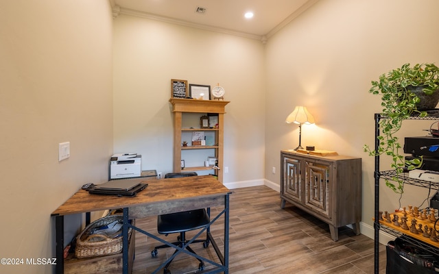 15251 N Dove Canyon Pass, Marana, AZ 85658 - office area with ornamental molding, wood finished floors, baseboards, and a high ceiling