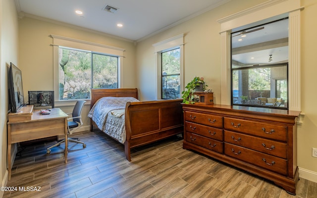 15251 N Dove Canyon Pass, Marana, AZ 85658 - bedroom featuring wood finished floors, crown molding, recessed lighting, and a desk