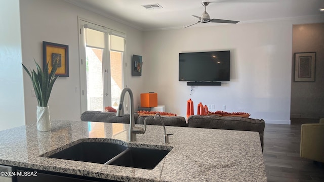 kitchen featuring ceiling fan, light stone countertops, sink, and ornamental molding