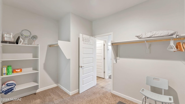 walk in closet featuring light colored carpet