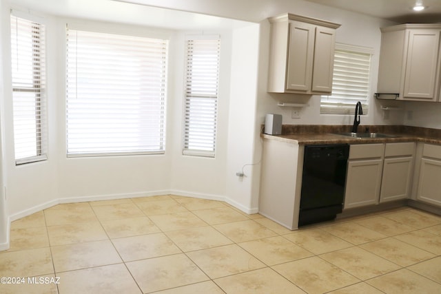 kitchen featuring gray cabinetry, a healthy amount of sunlight, sink, and black dishwasher