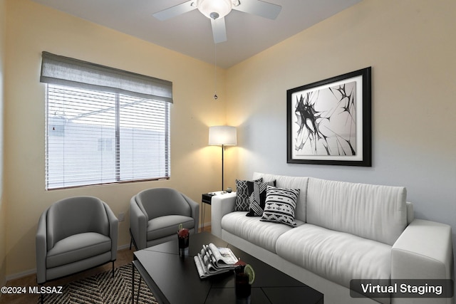 living room featuring ceiling fan