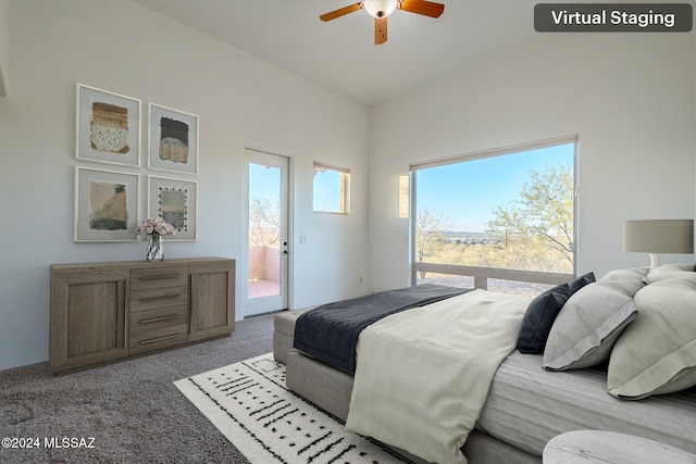 carpeted bedroom featuring ceiling fan and access to exterior