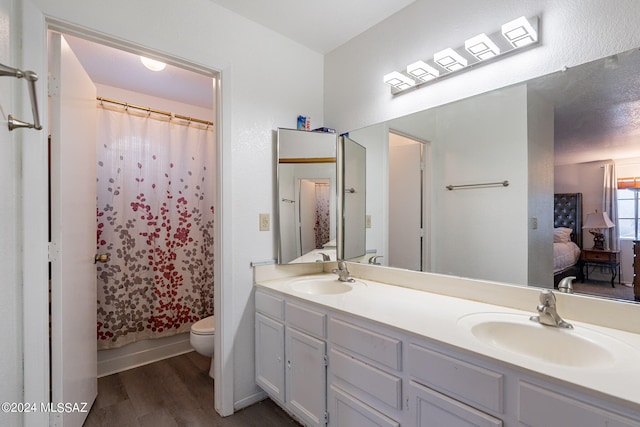 bathroom with wood-type flooring, vanity, and toilet