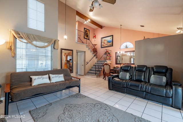 tiled living room featuring ceiling fan with notable chandelier, beam ceiling, and high vaulted ceiling