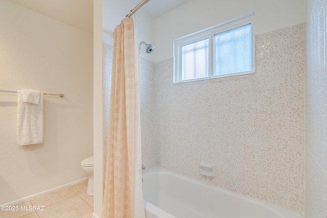 full bath with toilet, shower / bath combination with curtain, and tile patterned floors