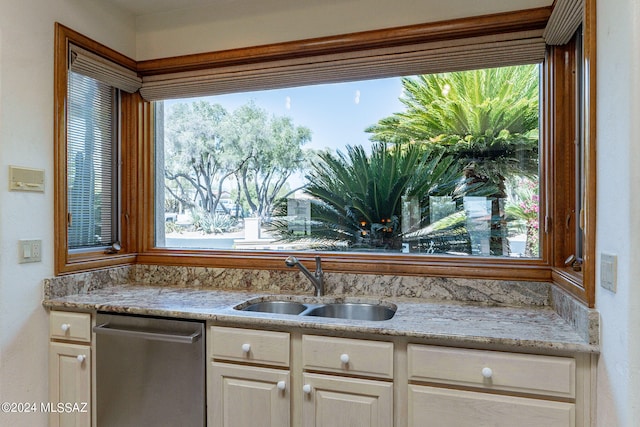 kitchen with light stone countertops, white cabinets, sink, and stainless steel dishwasher