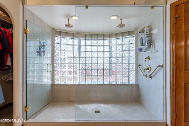 bathroom with plenty of natural light and a shower with door