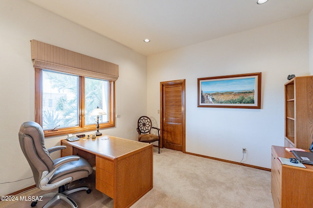 home office featuring light colored carpet