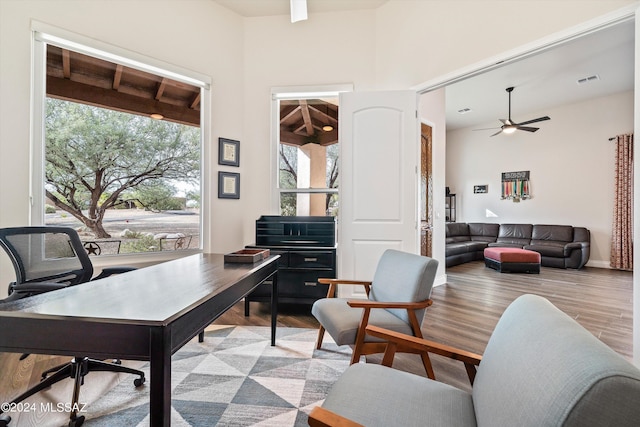 office area featuring ceiling fan and light hardwood / wood-style floors