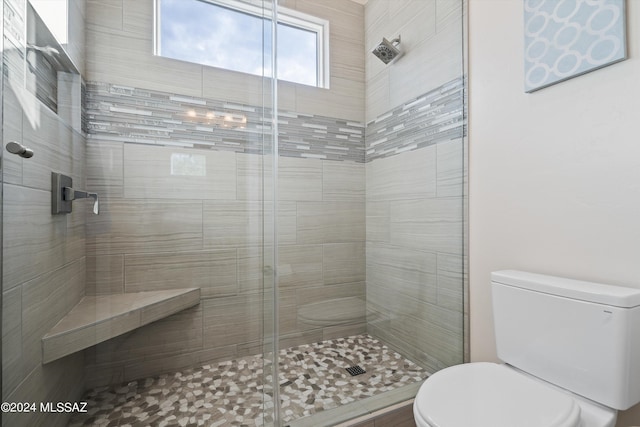 bathroom featuring walk in shower and toilet