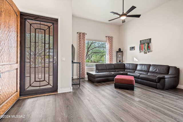 living room with ceiling fan and wood-type flooring