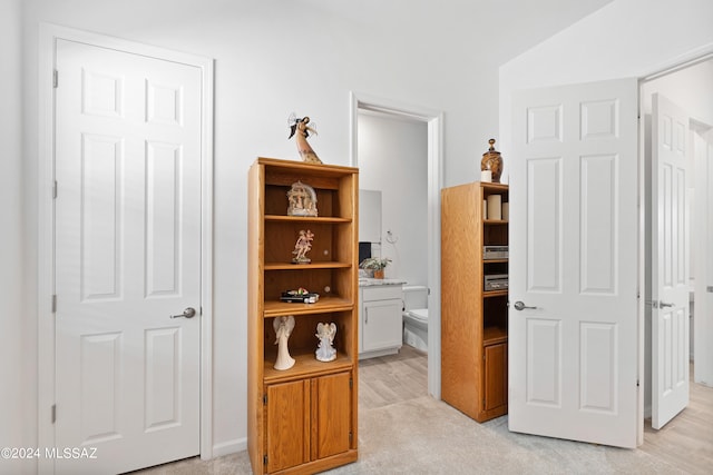 hallway with light colored carpet