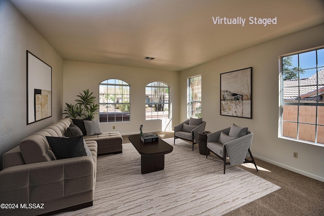 carpeted living area with baseboards, visible vents, and a wealth of natural light