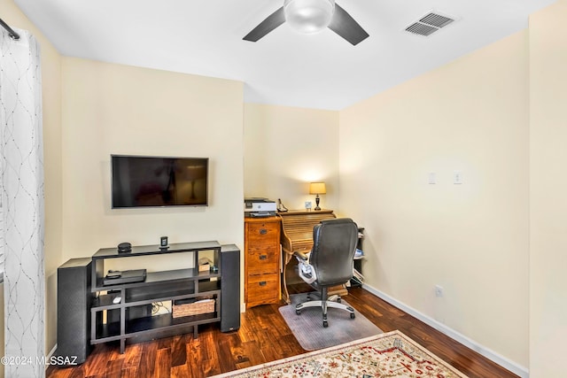 office featuring dark hardwood / wood-style flooring and ceiling fan