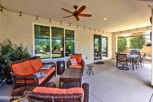 view of patio with outdoor lounge area, ceiling fan, and french doors