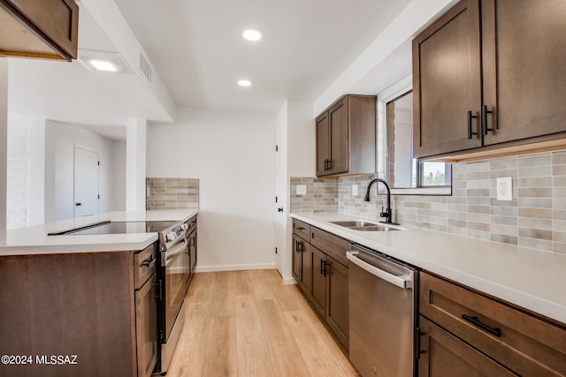 kitchen with light wood-type flooring, sink, stainless steel appliances, and backsplash