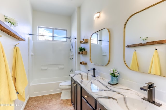 full bathroom with tile patterned floors, vanity,  shower combination, and toilet