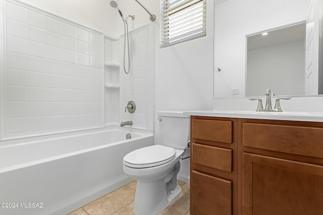 full bathroom featuring shower / tub combination, vanity, tile patterned flooring, and toilet