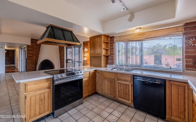 kitchen featuring custom range hood, a sink, stainless steel electric range, a peninsula, and dishwasher