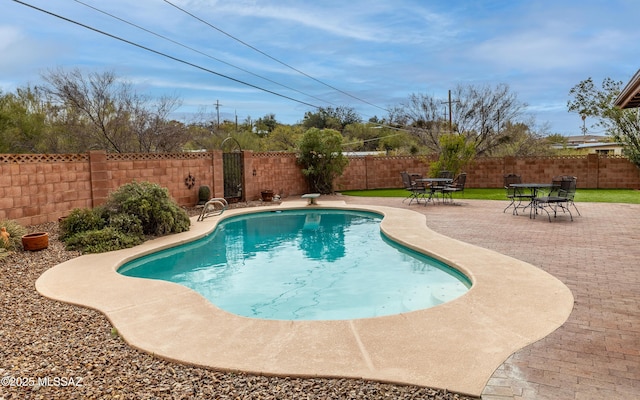 view of pool featuring a fenced in pool, a fenced backyard, and a patio area