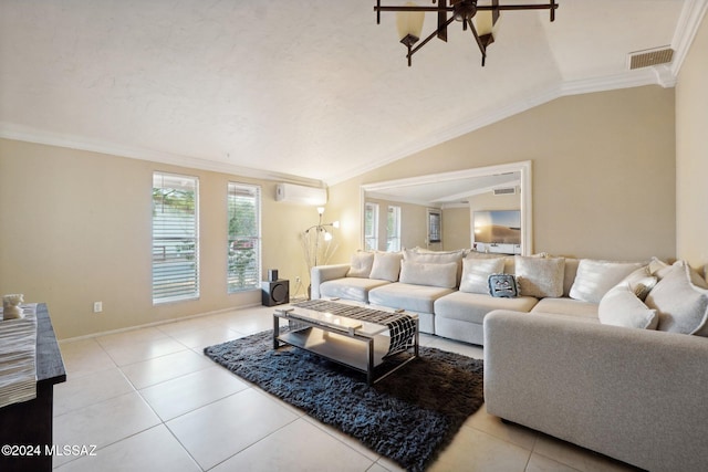 tiled living room with ornamental molding and vaulted ceiling