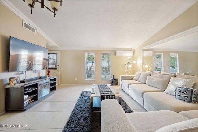 tiled living room featuring a wall mounted air conditioner, ornamental molding, and a wealth of natural light