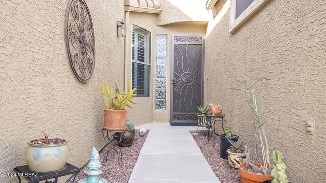 doorway to property featuring stucco siding