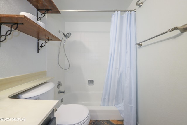 full bathroom featuring vanity, toilet, and shower / bathtub combination with curtain