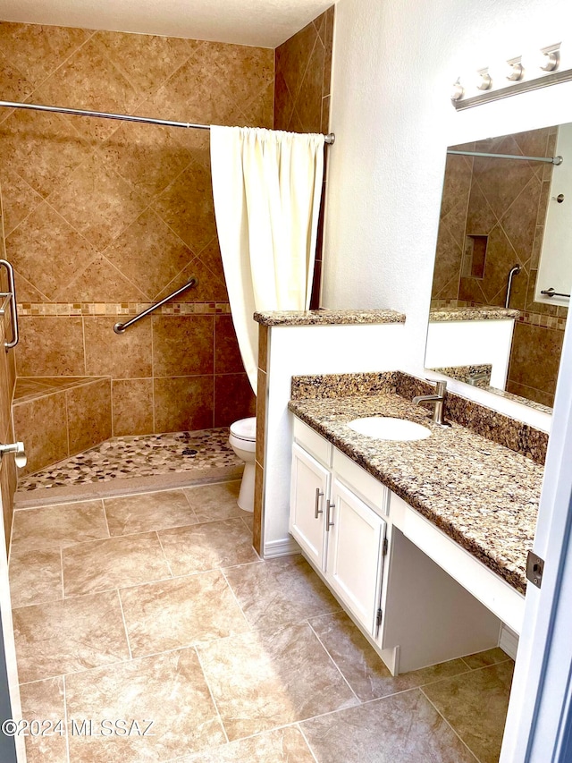 bathroom featuring vanity, walk in shower, and toilet